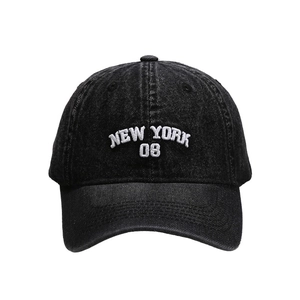 Vintage washed denim baseball cap in black with white New York 08 3D embroidery
