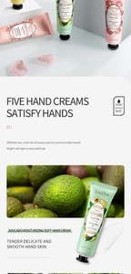 Detailoverzicht van handcrèmeset met avocado, roos en kersenbloesem hydraterende zorg