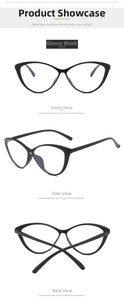 Three-angle view of bright black cat-eye glasses frames with durable metal hinges