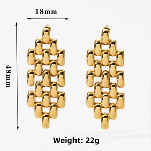 Detail view of gold woven chain earrings with 18mm width and 48mm height dimensions