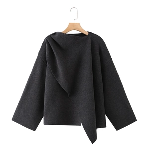 Women Knit Poncho Sweater With Attached Scarf Collar Asymmetric Drape Soft Long Sleeve Pullover Cape Top With Pockets
