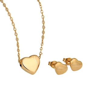 Elegant gold heart jewelry set including a polished necklace and matching stud earrings