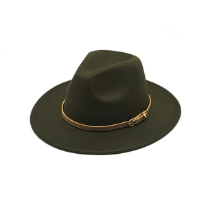 Dark green wool fedora with flat brim and brown leather belt buckle accessory