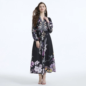 Elegant black V-neck floral maxi dress with lantern sleeves and a cinched waist design