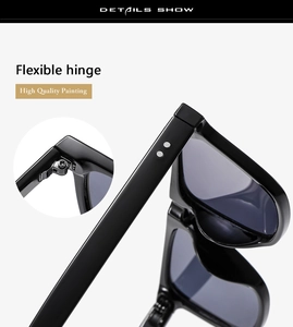 Detail shot of flexible hinge and high-quality black frame material on square sunglasses
