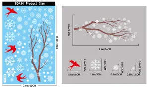 Detailed size chart for Christmas window stickers showing branch, bird and snowflake dimensions