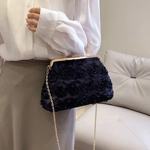 Rose Flower Evening Bag Women Floral Wedding Clutch Purse With Circular Metal Handle Rhinestone Kiss Lock Crossbody Handbag