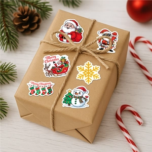 50pcs vinyl Christmas stickers featuring Santa and reindeer on gift box decor