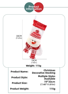 Détail de la chaussette de Noël avec bonhomme de neige et dimensions 19x30cm