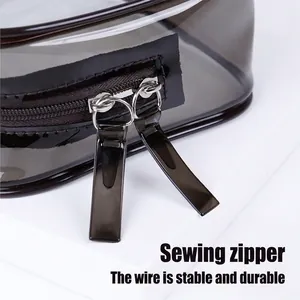 Transparent dark gray PVC toiletry bag with durable double zipper and reinforced stitching