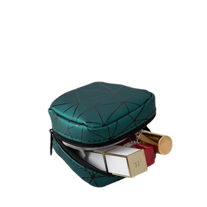Portable dark green geometric mini makeup bag with PU leather and black zipper