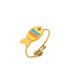 Detail of adjustable gold titanium steel ring with a colorful enamel fish charm design