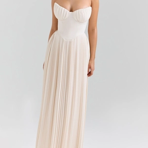 Elegant white strapless maxi dress with pleated skirt and built-in bra cups for women