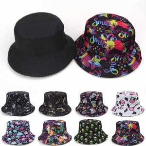 Reversible Bucket Hat Polyester Skull Graffiti Print Sun Protection Wide Brim Hip Hop Streetwear For Men Women