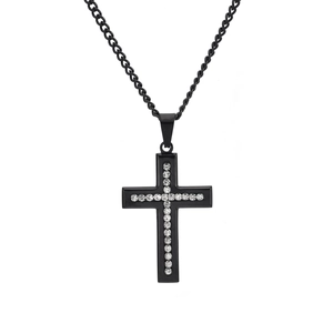 Collana con ciondolo a croce in acciaio inossidabile nero e zirconi bianchi brillanti
