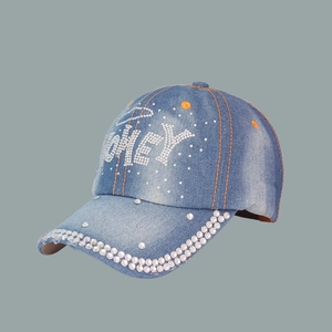 Washed Denim Baseball Cap With Honey Rhinestone Lettering Fashion Y2K Streetwear Sun Shade Adjustable Hat For Women Men