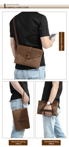 Close-up of vintage canvas messenger bag showing three-in-one carrying styles and leather straps