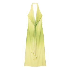 Halter neck long dress with yellow-green gradient print and twist knot front detail
