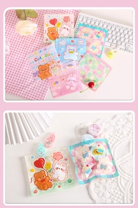 Detailed view of cute bear and rabbit cartoon resealable bags for stationery and snacks