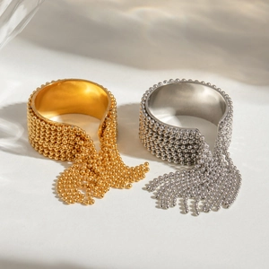 Minimalist stainless steel open ring with beaded tassels in gold and silver finishes