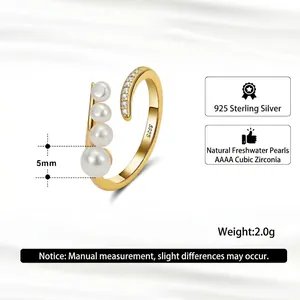 S925 sterling silver gold ring with freshwater pearls and sparkling zircons