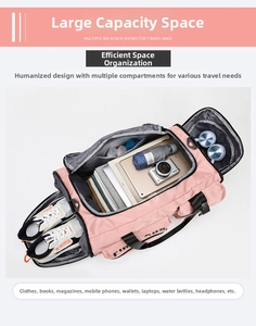 Top view of pink travel bag showing large capacity with shoes and clothes organized