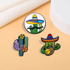 Cute Cartoon Cactus Enamel Brooch Pin Mexican Style Zinc Alloy Chameleon Guitar Pins For Clothing Bags Accessories Gift