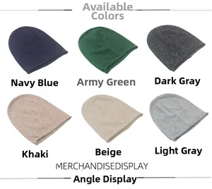 Winter rabbit fur knit hats displayed in six colors including navy, grey, and khaki