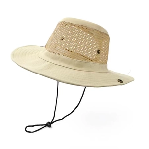 Khaki wide brim sun hat with breathable mesh and adjustable windproof strap for outdoors