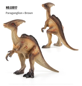 Vista doble de figura de dinosaurio Parasaurolophus marrón con manchas rojas realistas
