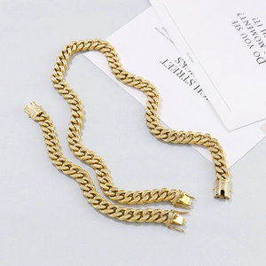 Hip hop CNC iced out gold Cuban link necklace and bracelet set for men in stainless steel