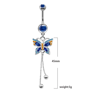 Silver butterfly belly ring with blue and orange crystals and tassel detail