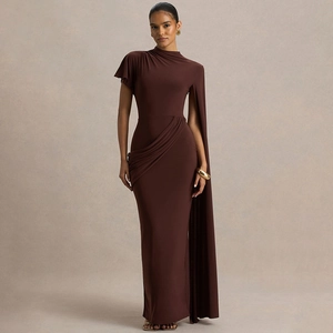 Detail of elegant asymmetric waist ruching on the chocolate brown slim fit maxi dress