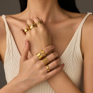 18K Gold Plated Stainless Steel Open Rings For Women Minimalist Geometric Adjustable Heart Star Wave Texture Jewelry