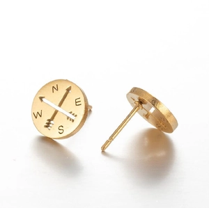 Minimalist gold stainless steel compass stud earrings with NESW hollow round design