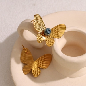 Vintage 18K gold plated butterfly earrings featuring blue turquoise and wave textures
