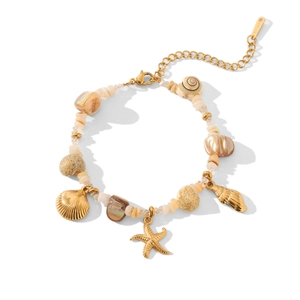 Marine style stainless steel bracelet with starfish pendants and natural shells on white background