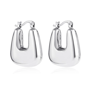 Polished silver stainless steel chunky U-shaped hoop earrings on white background