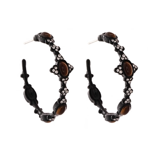 Vintage C-shape hoop earrings with tiger eye stone and diamond accents on black base