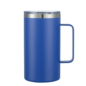 Detail view of the blue matte stainless steel 24oz travel mug with handle and clear lid