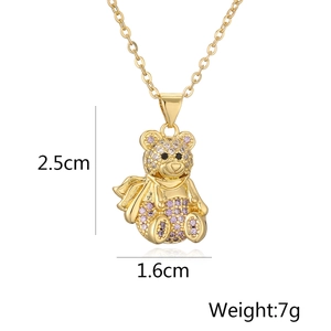 Detailed view of 18K gold plated teddy bear pendant with purple zircon and measurements