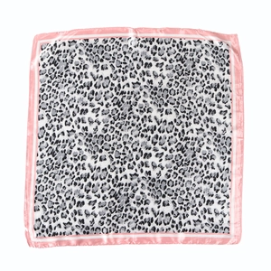 Fashionable leopard print satin silk square scarf with pink borders on white background