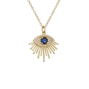 Gold evil eye necklace with blue zircon crystal and diamond accents on a slim chain