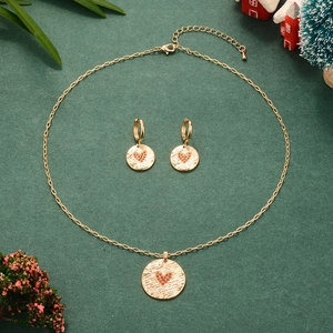 Collier Et Boucles D'oreilles Pendentif Rond Coeur Vintage Cuivre Plaqué Or Zircon Bijoux Noël Femmes Rétro Élégant