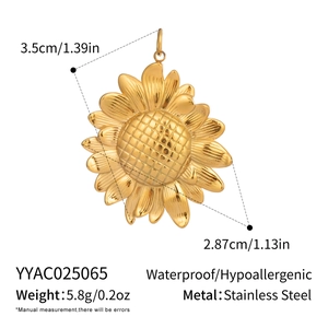 Detail view of 18K gold plated stainless steel sunflower pendant with size specifications