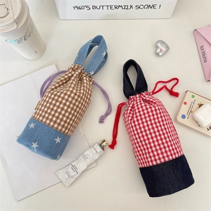 Plaid drawstring water bottle bags with denim patchwork and portable carry handles