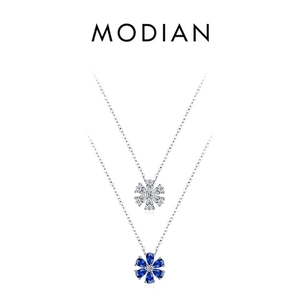 S925 sterling silver necklace with flower pendants in white and blue zircon stones