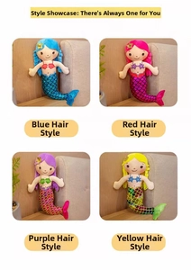 Close-up of four mermaid plush dolls featuring shiny metallic sequin tails and colorful hair