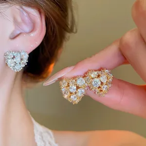 Heart Stud Earrings Zircon 18K Gold Plated Copper With 925 Sterling Silver Earring Post For Women Fashion Elegant