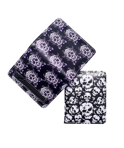 Detailed macro view of Gothic spider skull patterns on these smooth PU leather wallets